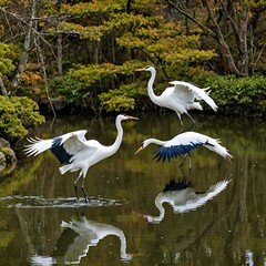 Three white birds with long legs and black beaks are standing in a pond with ripples and reflections.