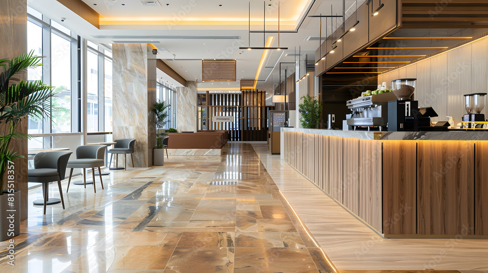 Poster light wooden and marble tile floor interior of modern cafe with double ceiling height lobby bar in l