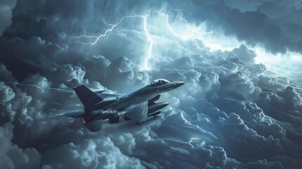 Fototapeta premium F-16 breaking through a thick layer of storm clouds, lightning illuminating the scene