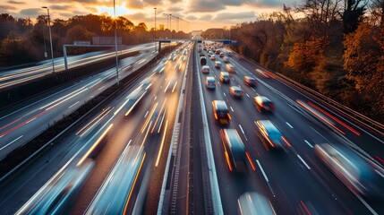 Busy Highway at Sunset with Blurred Car Lights, Rush Hour Traffic in Motion. Urban Transportation Concept. Photographed in the Evening. AI