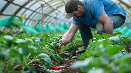 Fototapeta premium A farmer covers a potato plantation with agro fiber before a cold night. Opening of young potatoes plants as it warms. agro fiber industry. Hardening of plants. Greenhouse effect. Generative AI.