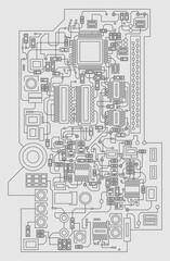 Digital technology circuit board circuit. Vector illustration. Sketch for creativity.