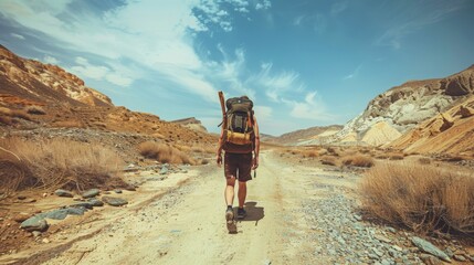 A lone traveler with a backpack hikes along a dusty path in a barren desert landscape under a clear sky.