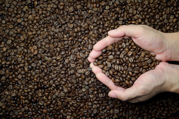 hands holding a coffee beans top view with coffee beans as background, conceptual image