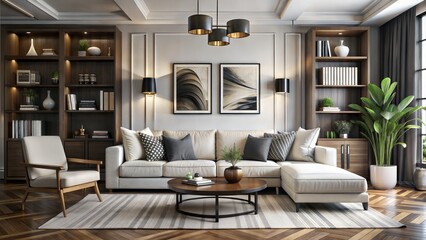 Art deco interior design of modern living room, home. Live edge coffee table near white sofa with...