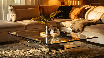 Creative living room interior composition with beige sofa glass coffee table carpet on the floor and glamorous accessories Template : Generative AI