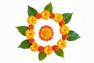 marigold flower and mango leaf rangoli on white background