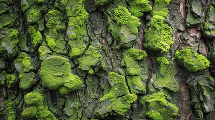 Moss-covered tree bark, textured and vibrant green, hints of damp earth