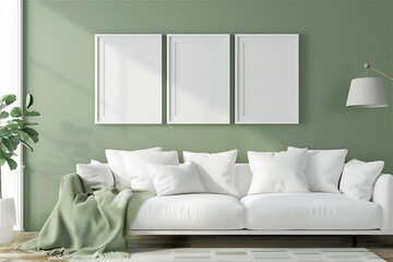 Poster mock up with three frames in modern minimalist living room interior with green wall. 3D Illustration.