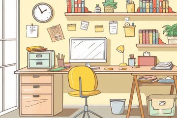Cartoon cute doodles of organized home offices with sleek desks, ergonomic chairs, and shelves neatly arranged with supplies, Generative AI