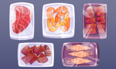Frozen meat product in plastic food wrap vector. Raw steak and fish in polyethylene bag. Shrimp package container for supermarket refrigeration set. Isolated packaging tray to freeze grocery piece