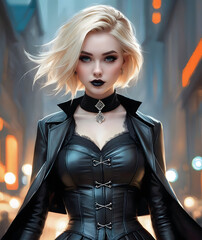 Portrait of a stylized blonde woman with dramatic makeup, clothing and cleavage