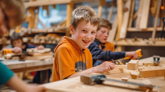 Woodworking class concept. Smiling child in an orange hoodie working on a wooden project with tools, surrounded by other focused children in a workshop setting.