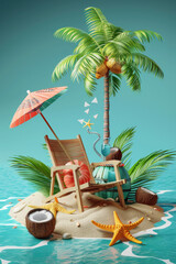 3D Tropical Island Scene: Palm Tree, Beach Chair, and Parasol with Starfish and Coconut Cocktail, Vacation Illustration