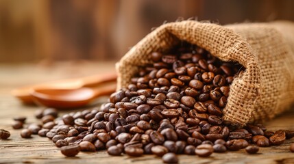 Fototapeta premium Coffee beans and wooden spoons displayed on table with bags, set against a dark background