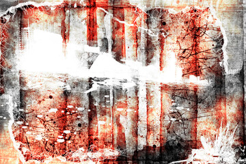Destroyed burning buildings on street of city. Grunge scratch background. Black and white colors illustration	