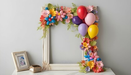 Create a whimsical frame adorned with colorful bal upscaled_7