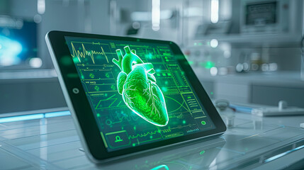 Tablet showing a 3D green heart on which the pulse lines and more data associated with it appear