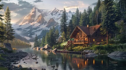 Fototapeta premium Mountain Cabin: Nestled in the mountains, you sit on the porch of a cozy cabin, surrounded by towering pine trees and overlooking a tranquil lake below, the perfect escape from the hustle and bustle o