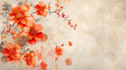 Watercolor orange floral background for wedding, birthday, card, invitation, 3d wallpaper with beautiful flowers