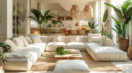 A modern villa living room with big tall plants and natural textures sofa and furniture set including a reading area a dining with a bar and cabinet. Generative AI.