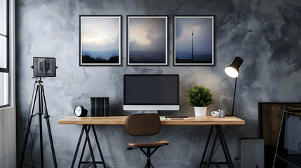Posters on grey wall above wooden desk with computer monitor in open space interior : Generative AI