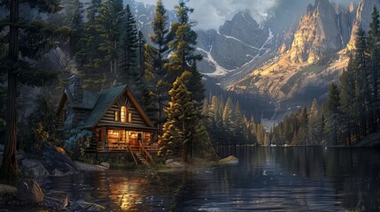 Fototapeta premium Mountain Cabin: Nestled in the mountains, you sit on the porch of a cozy cabin, surrounded by towering pine trees and overlooking a tranquil lake below, the perfect escape from the hustle and bustle o