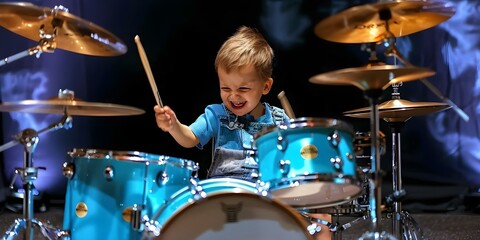 Child enthusiastically playing a real drum set. Concept Music, Expression, Enthusiasm, Childhood, Drum Set