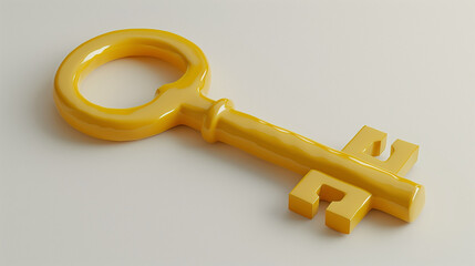 metal golden key isolated on white background. Estate concept, key ring and keys on bright yellow background. 3d rendering. golden key isolated on white background. 3d icon of a special golden key. 