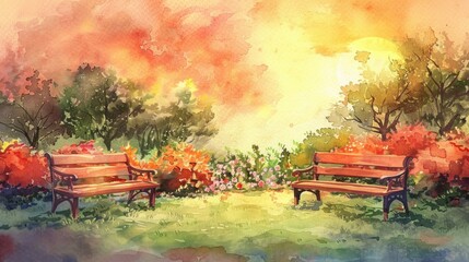 Serene Park Benches in Watercolor Sunset