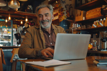 middle age man using laptop at cafe