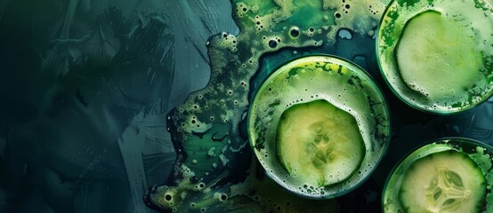 Cucumber and lemon juice on a dark background, depicted in a youthful energy style with an aerial view.
