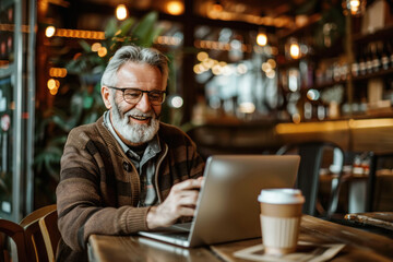middle age man using laptop at cafe