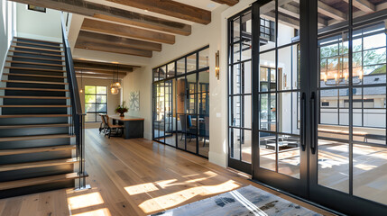 Fototapeta premium front door foyer entrance to an interior of a home with hardwood flooring beamed ceiling glass wall stair case view to home office and black metal stair railing : Generative AI