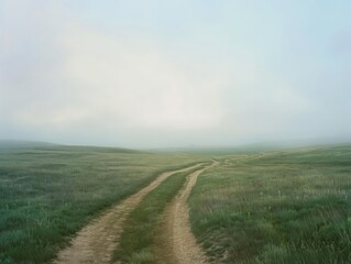 Fototapeta premium A serene dirt path winds through a tranquil, foggy meadow at dawn, symbolizing peace and journey