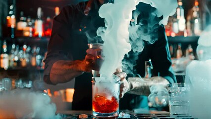 A man is preparing a drink with smoke rising from it, adding an element of mystery to the cocktail-making process, A bartender crafting a smoky and mysterious cocktail with dry ice