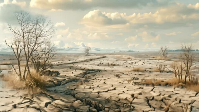 Few trees stand in a desolate, cracked earth landscape, A barren landscape with cracked earth and withered trees