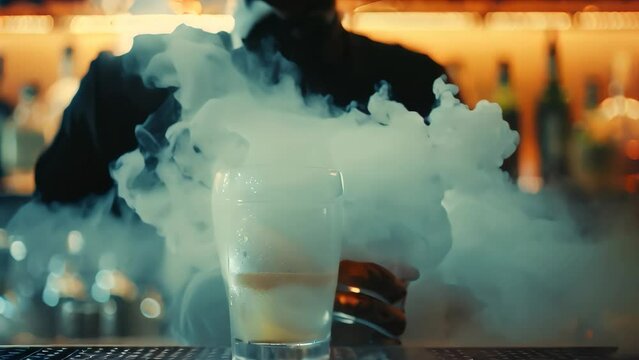 A person holding a glass filled with beer that emits smoke, creating a mysterious ambiance, A bartender crafting a smoky and mysterious cocktail with dry ice