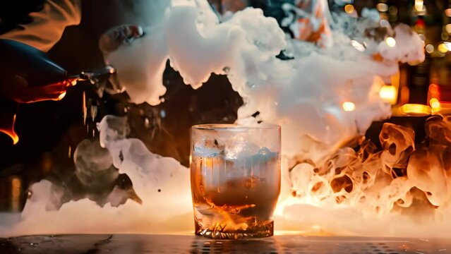 A person is stirring a glass as smoke rises from it, creating a mysterious and intriguing atmosphere, A bartender crafting a smoky and mysterious cocktail with dry ice