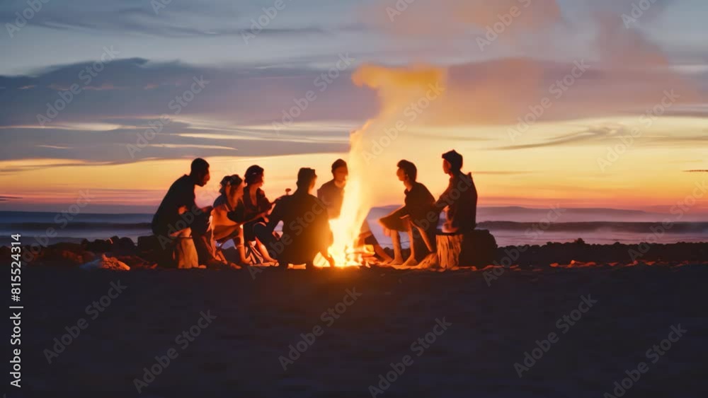 Wall mural People gathered around a blazing campfire on a sandy beach, A beach bonfire with a group of friends sharing stories and roasting marshmallows