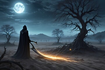 Grim reaper at halloween night scene, Happy Halloween