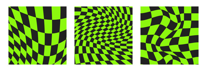 Psychedelic Checkerboard. Groovy hippie 70s backgrounds set. Trippy checkered wallpaper. Retro vector illustration in Y2k style. Funky distorted pattern.