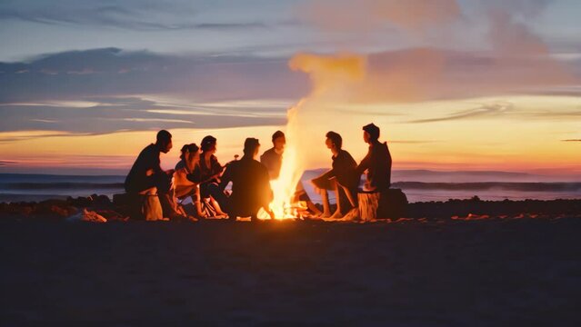 People gathered around a blazing campfire on a sandy beach, A beach bonfire with a group of friends sharing stories and roasting marshmallows
