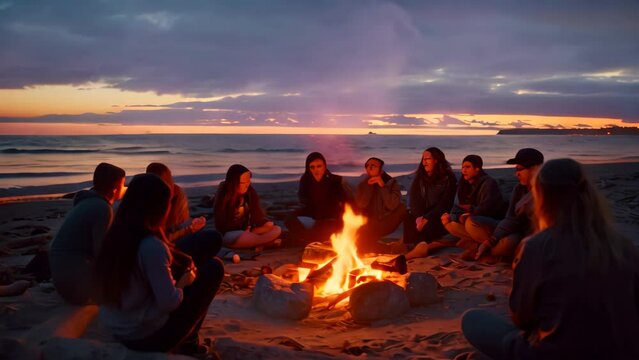 A group of friends sitting around a campfire on the beach, enjoying the warmth and camaraderie, A beach bonfire with a group of friends sharing stories and roasting marshmallows
