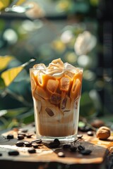 The summer vibe of an iced dark coffee with cream on a sunny day. Generative AI.