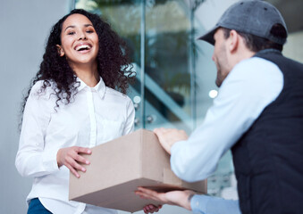 Office, portrait or businesswoman with package, delivery man or logistics with box, stock and...