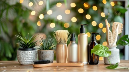 Stylish hairdressing tools on a wooden tabletop in a softly illuminated salon setting