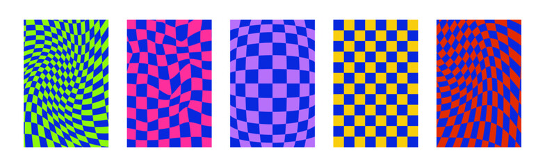 Psychedelic Checkerboard. Groovy hippie 70s backgrounds set. Trippy checkered wallpaper. Retro vector illustration in Y2k style. Funky distorted pattern.