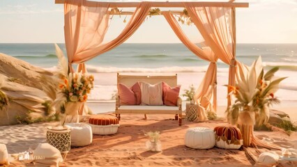 A beach wedding setup featuring a stylish couch and chairs for a bohemian celebration by the sea, A beachside celebration with a bohemian vibe and flowing fabrics