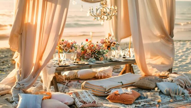 A table beautifully set up on the beach for a bohemian wedding celebration, A beachside celebration with a bohemian vibe and flowing fabrics